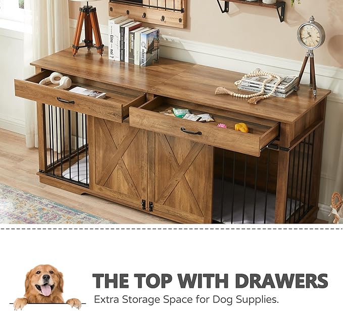 72.5" Extra Large Furniture Style Double Dog Crates for Large Breeds, XXL Wooden Dog Kennel Furniture with Drawers, Divider, Water Resistant & Barn Door for 2 Dogs, Rustic Oak-PurrikoPets