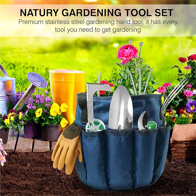 Garden Tools Set – Premium Stainless Steel Gardening Hand Tools with Solid Beechwood Handle – Gardening Kit with Rake, Shovel, Gloves, Shears, Tool Organizer – Garden Gifts for Women and Men-PurrikoPets