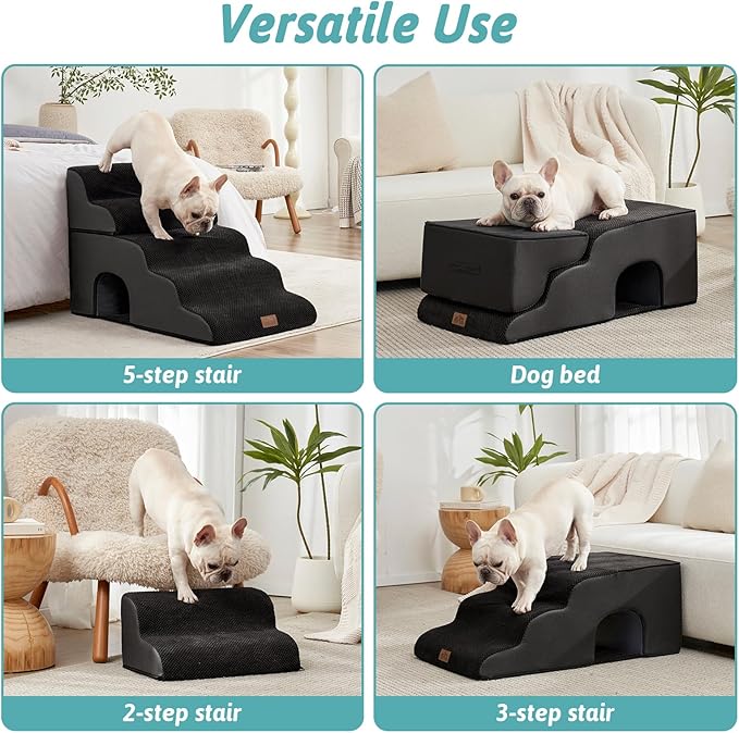 Extra Wide Dog Stairs with Tunnel, Detachable Large Pet Step for Small Medium Dog, Puppy or Cat, Ramp for High Bed, Couch, Sofa or Car, Stable, 19.7x33x22.4 inch, 5 Step, Black-PurrikoPets