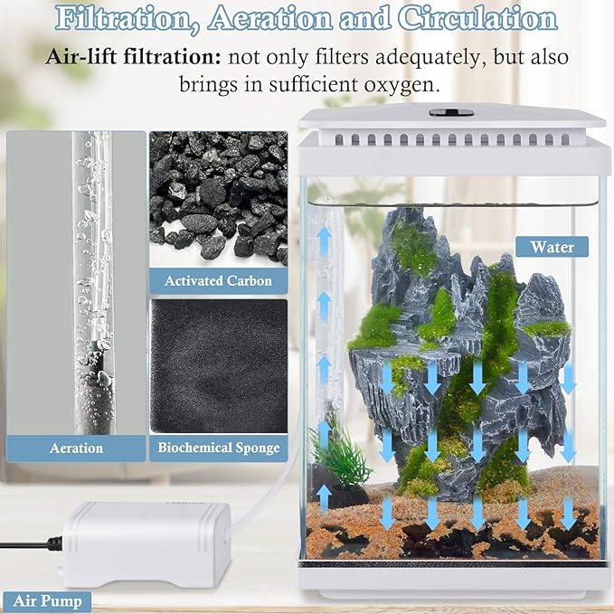 FEDOUR Small Glass Aquarium, 1 Gallon Desktop Fish Tank, Betta Fish Tank, Mini Aquarium Starter Kit with Air Pump LED Light Decoration Water Changer Fish Net (White)-PurrikoPets