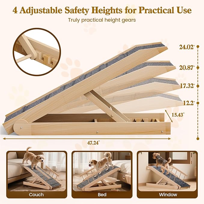Dog Ramp for Bed, 47" Long Non-Slip Portable Pet Ramp for Small Large Dogs, Wooden Adjustable Dog Ramps for Bed, Couch, Car -Non Slip Carpet Surface and Foot Pads, Height from 12" to 24", Up to 200LBS-PurrikoPets