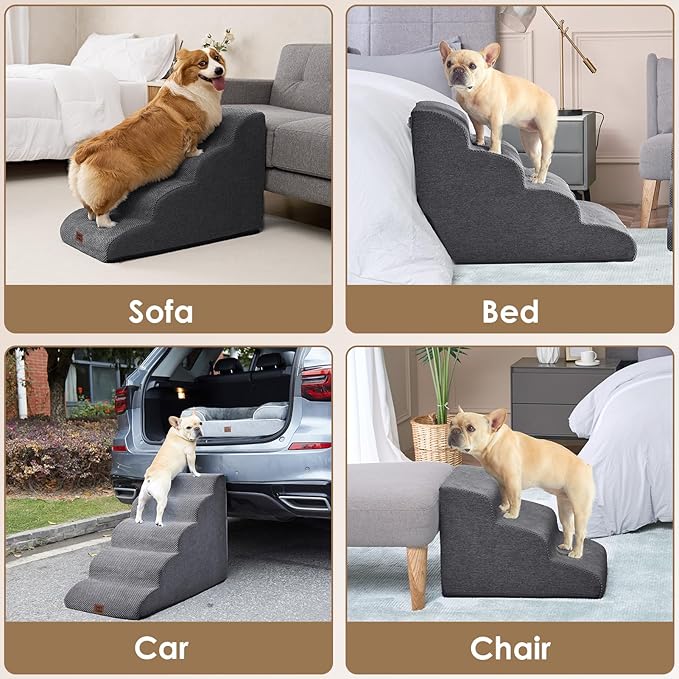 EHEYCIGA Curved Dog Stairs Ramp for High Beds 19.7" H, 4-Step Dog Steps for Small Dogs and Cats, Pet Stairs for High Bed Climbing, Non-Slip Balanced Pet Step Indoor, Grey-PurrikoPets
