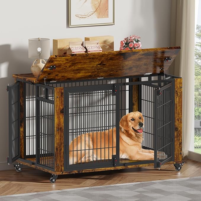 EasyCom 41" for Training Moveable XL Dog Crate, Large Dog Crate Furniture with Top-Access Teasing/Feeding Doors, Chew-Resistant Dog Kennel Indoor Furniture for Medium and Large Dogs-PurrikoPets