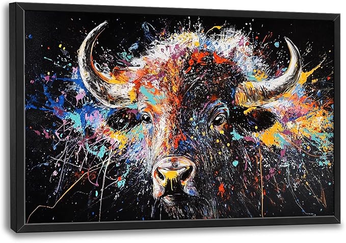 Framed Large Bison Buffalo Wall Art for Living Room, Oversized Graffiti Yak Cow Wall Decor Banksy Bull Canvas Painting Animal Pictures Modern Artwork for Living Room Bedroom Office 36"x24"-PurrikoPets