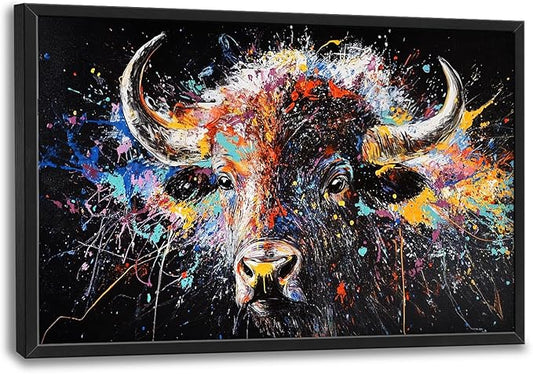Framed Large Bison Buffalo Wall Art for Living Room, Oversized Graffiti Yak Cow Wall Decor Banksy Bull Canvas Painting Animal Pictures Modern Artwork for Living Room Bedroom Office 36"x24"-PurrikoPets