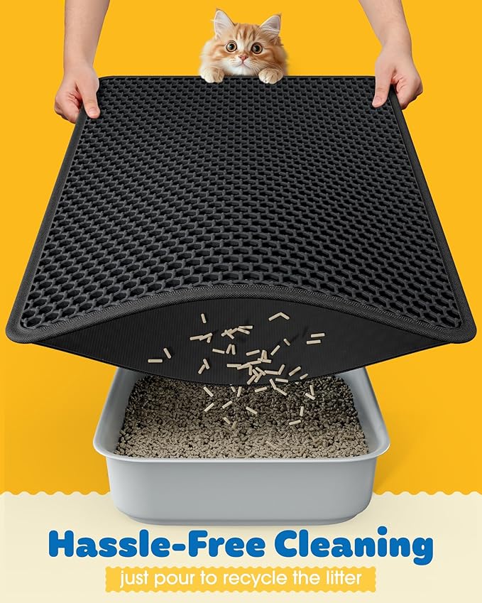 35" x 30" Cat Litter Mat - Ultra-Large Litter Box Mat with Double Layers, Urine-Proof and Non-Slip Litter Trapping Mat, Easy to Clean Kitty Litter Mats for Floor, Scatter Control, Black-PurrikoPets