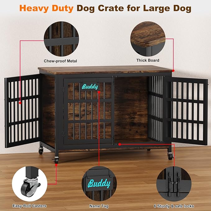 EasyCom 48"/42"/33" Dog Crate Furniture with Name Tag, Heavy Duty Dog Kennel Indoor for Large Dogs, Escape-Proof and Chew-Proof Dog Cage for high Anxiety Dog, Decorate House as TV Stand, End Table-PurrikoPets
