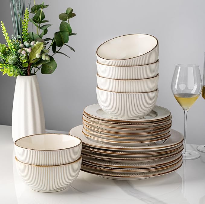 GBHOME Ceramic Dinnerware Sets,18 pcs Embossed Elegant Stoneware Plates and Bowls Sets, Housewarming Wedding Gift | Dishwasher & Microwave Safe | Dishes Set Service for 6-PurrikoPets