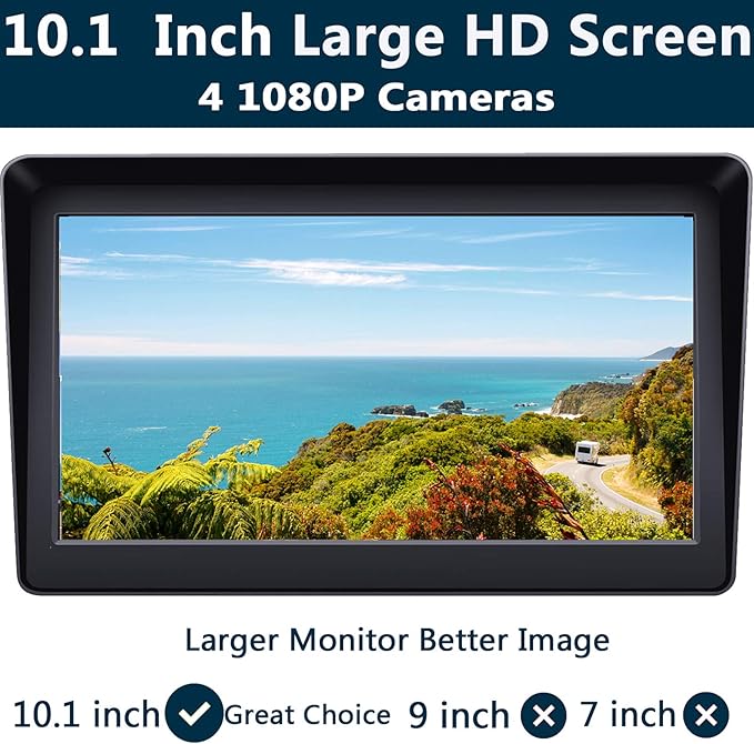 10.1" 1080P Backup Camera Monitor & Built-in DVR for RV Truck Trailer Rear Side Front Reversing View Wired System FHD Image 4 Split Large Screen 64GB Recorder IP69 Waterproof Avoid Blind Spot Kit-PurrikoPets