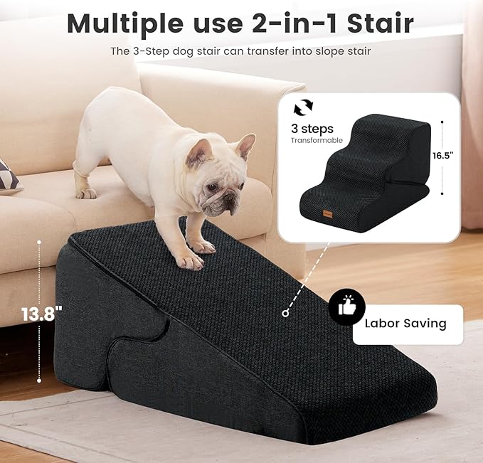 Gardner Pet Dog Stairs for Small Dogs 16.5" H, 2 in 1 Transformable 3-Step Pet Stairs and Dog Ramp for Couch (13-20 in), Black Adjustable Pet Steps with Non-Slip Waterproof Cover and CertiPUR-US Foam-PurrikoPets