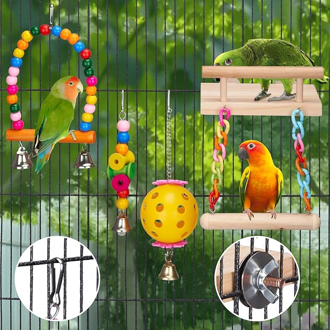 11Pcs Bird Parakeet Toys Wooden Bird Platform Stands Swing Hanging Chewing Toy Parrot Climbing Ladder Colorful Bird Cage Toys for Parakeet, Conure, Cockatiel, Love Birds, Finches-PurrikoPets