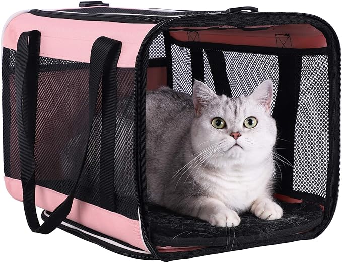 Easy Top Load Large Cat Carrier for Large and Medium Cats, Small Dogs. Easy to get cat in, Carry, Storage, Clean and Escape Proof, Pink-PurrikoPets