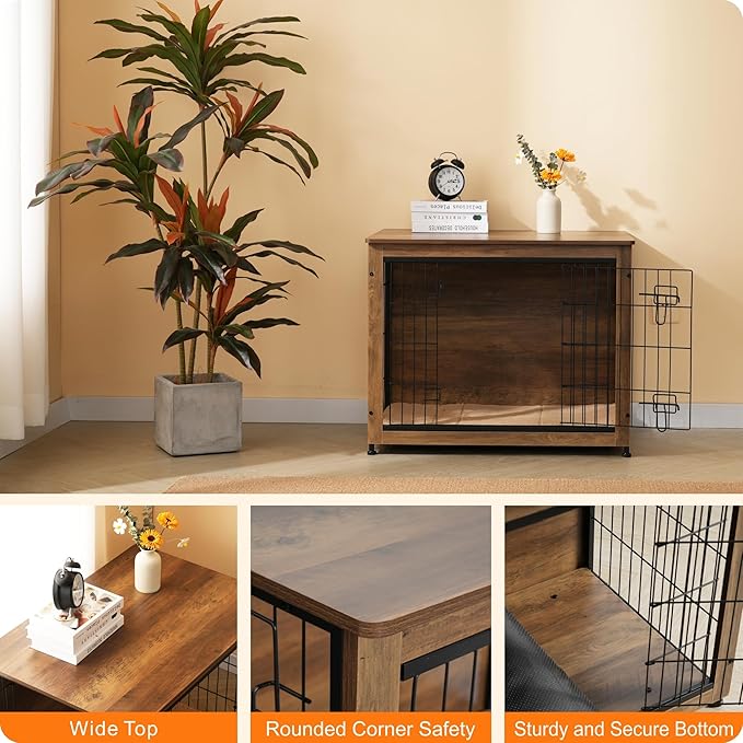 DWANTON Dog Crate Furniture with Cushion, Wooden Kennel Table with Double Doors, Indoor Dog House, Medium Size, 32.5" L, Warm Brown-PurrikoPets