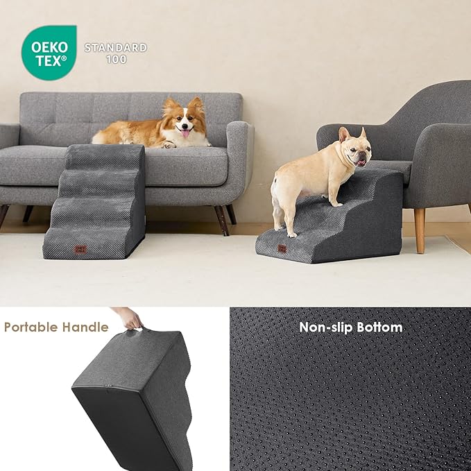 EHEYCIGA Curved Dog Stairs Ramp for Small Dogs 15.7" H, 3-Step Dog Steps for Couch Sofa and Chair, Pet Stairs for Cats, Non-Slip Balanced Pet Steps Indoor, Grey-PurrikoPets