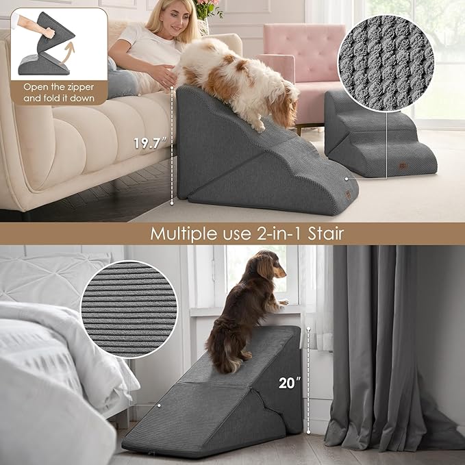 EHEYCIGA Curved Foldable Dog Stairs Ramp for High Beds 19.7" H, 4-Step Dog Steps for Small Dogs and Cats, Pet Stairs for High Bed Climbing, Non-Slip Balanced Pet Step Indoor, Grey-PurrikoPets