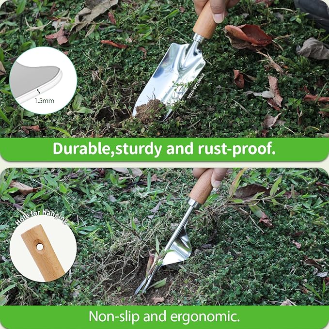 Garden Tool Set, 2 Pieces Stainless Steel Heavy Duty Garden Tools, Garden Kit with Ergonomic Wooden Handle, Durable Garden Tools for Gardening, Gardening Gifts for Women-PurrikoPets