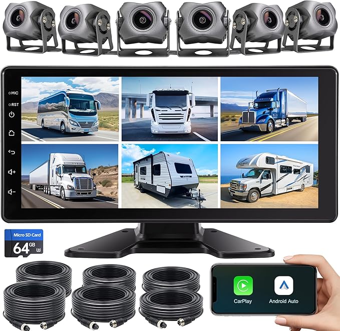 6-Channel 1080P Dash Cam Backup Camera System with 10.33 Inch Touch Screen Parking Monitor, Back Up Camera Car Radio for RV/Truck/Trailer/Van/SUV/Cars,Wireless Carplay/Android Auto/WiFi/Bluetooth/FM-PurrikoPets