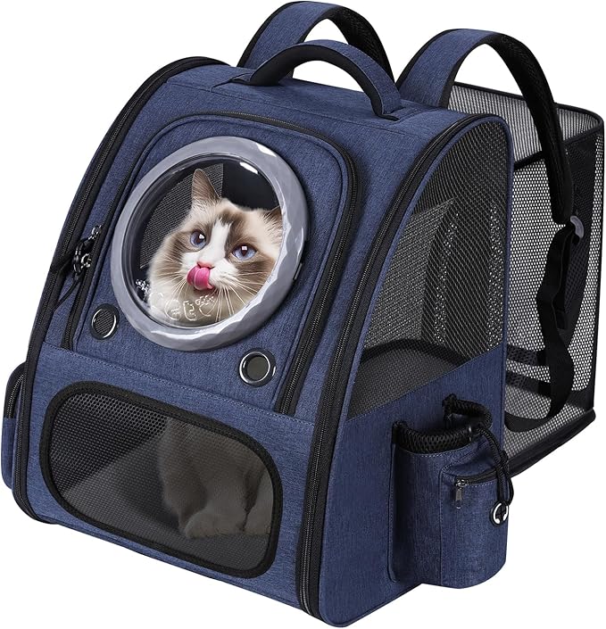 Extension Cat Carrier Backpack with Transparent Bubble Window,Dogs Backpack Carrier with Breathable Mesh Travel Bag, Portable Space Capsule Design with Foldable for Pets (Blue)-PurrikoPets