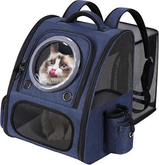 Extension Cat Carrier Backpack with Transparent Bubble Window,Dogs Backpack Carrier with Breathable Mesh Travel Bag, Portable Space Capsule Design with Foldable for Pets (Blue)-PurrikoPets