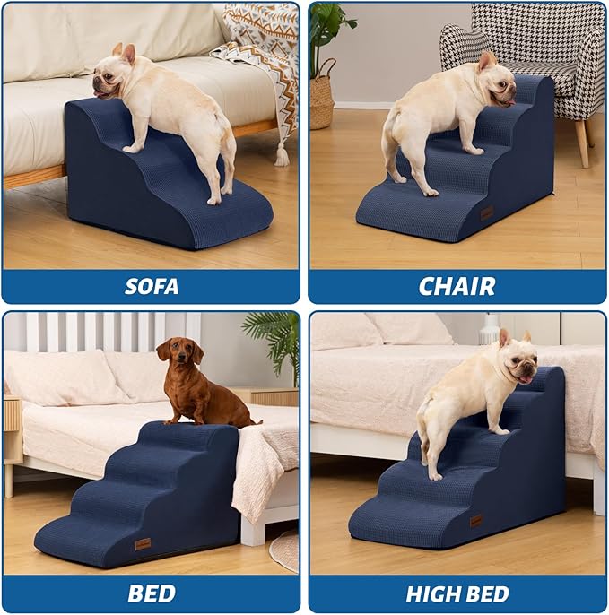 4-Step Dog Stairs and Ramp for Beds or Couches,Non-Slip Sturdy Pet Steps for Small Dogs and Cats,17.4" H,Blue-PurrikoPets