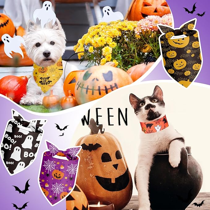 100 Pieces Halloween Dog Bandanas Bulk Pumpkin Ghost Bandanas for Dogs Soft Triangle Bibs Adjustable Triangle for Small Medium Large Pets Halloween Party Costume-PurrikoPets
