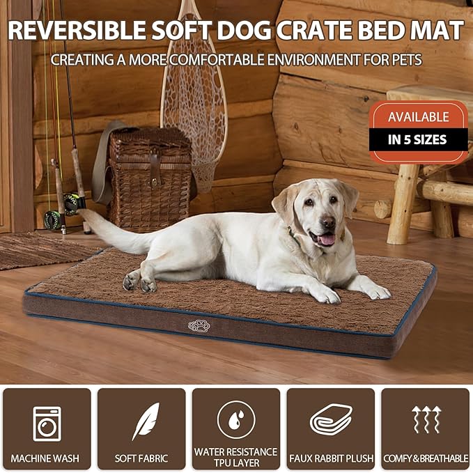 EMPSIGN Dog Bed Mat 47 Inch Reversible Warm & Cool,Washable Dog Crate Bed with Egg Crate Foam Support, Pet Sleeping Mat for Large Medium Small Dogs, Fluffy Kennel Pad(Brown)-PurrikoPets