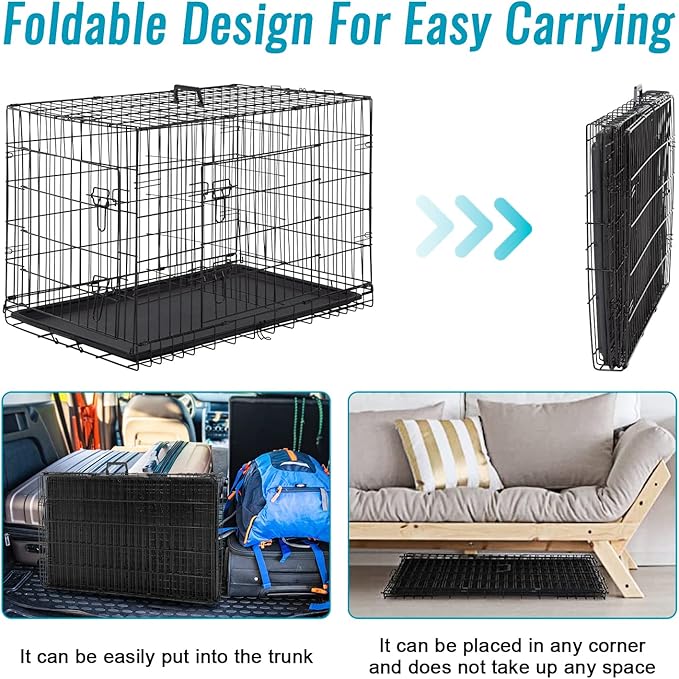 FDW Dog Crate for Small Dogs 24 Inch Folding Metal WirePet Cage Double Door W/Divider Panel Indoor Outdoor Kennel Leak-Proof Plastic Tray,Black-PurrikoPets
