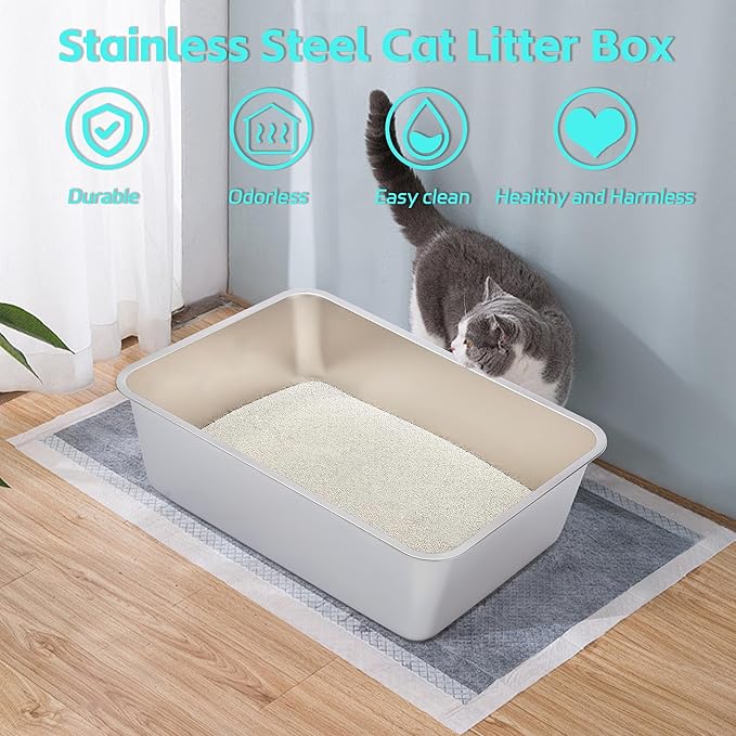 2 Pack Stainless Steel Litter Box-XXL Metal Litter Box for Big Cats 8IN Deep, Cat LitterBox-Pet Toilet Easy to Clean,High Sided Cat Litters Boxes Adult Cats,Non Stick, No Smell-PurrikoPets