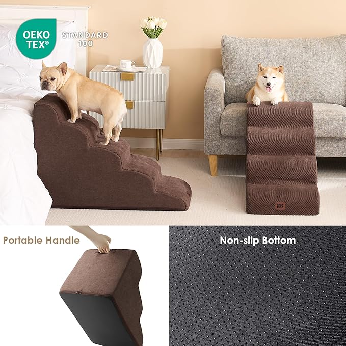EHEYCIGA Curved Dog Stairs Ramp for High Beds 19.7" H, 4-Step Dog Steps for Small Dogs and Cats, Pet Stairs for High Bed Climbing, Non-Slip Balanced Pet Step Indoor, Brown-PurrikoPets