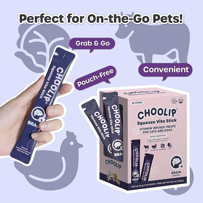 Grab & Go Squeeze Vita Stick Lickable Treats for Dogs & Cats. 49 Brain Support Sticks with Essential multivitamins. Soft and Tasty Paste for All Life Stages, Supporting Brain Health-PurrikoPets