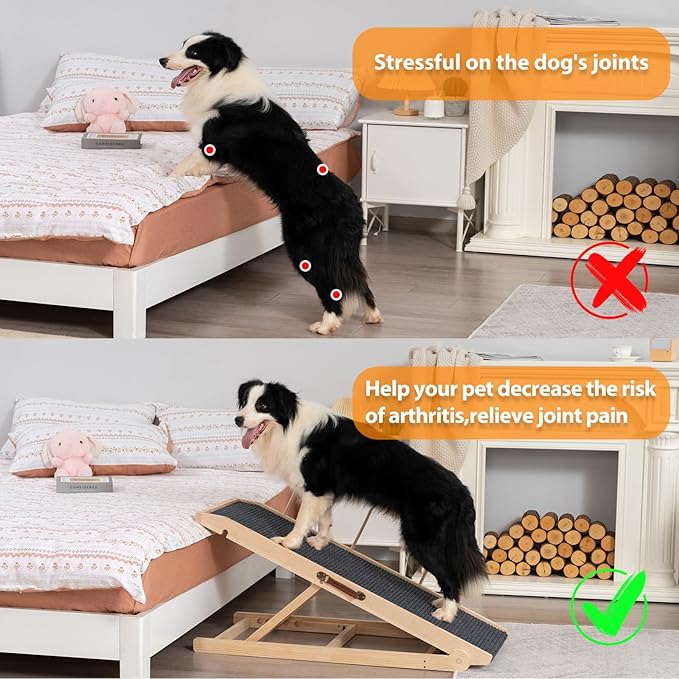 Dog Ramp for Bed Couch - Pet Steps Stairs to Get on Bed Couch 11.8"-19.6" High for Small or Large Dog Up to 200 lbs, Adjustable Wooden Dog Ramp Steps Foldable Portable, Anti-Slip Carpet (Natural)-PurrikoPets