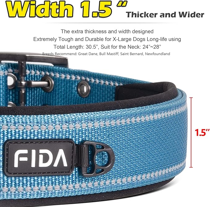 Fida Heavy Duty Dog Collar 1.5” Width, Ultra Soft Neoprene Padded, Adjustable Reflective Nylon Pet Collar with Two Metal Pin Belt Buckle for Extra-Large Breeds (XL, Blue)-PurrikoPets