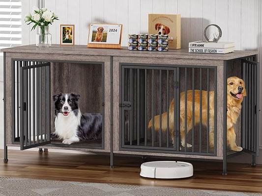 EasyCom 78 Inch Dog Cage Furniture for 2 Pets with Divider, XXL Wooden Double Dog Crate Furniture TV Stand for Mideum and Large Breed, Durable and Sturdy-PurrikoPets