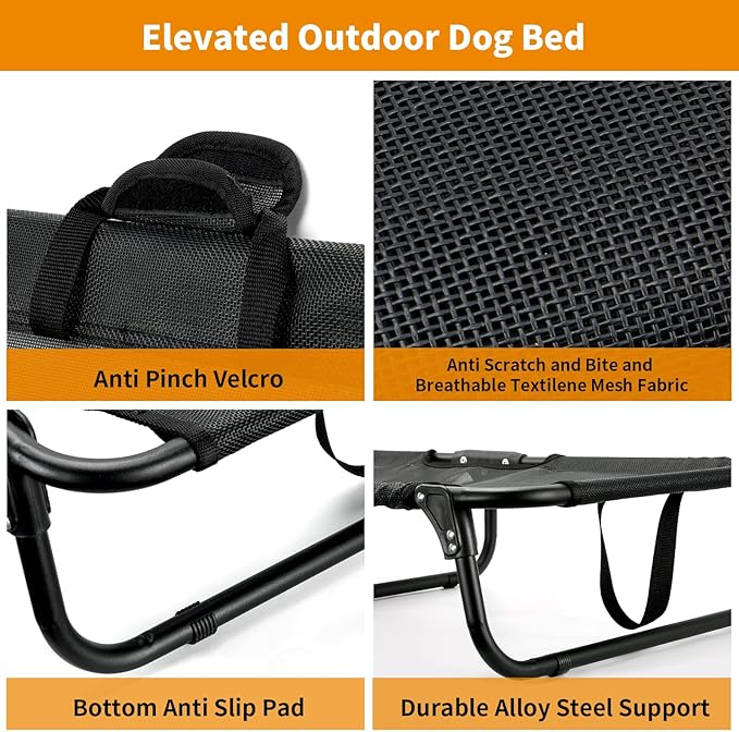 Elevated Dog Bed Large Sized Dog Cots Beds for Large Dogs Foldable Raised Dogs Beds Outdoor Cooling Chew-Proof, No Assembly Need, Black-PurrikoPets