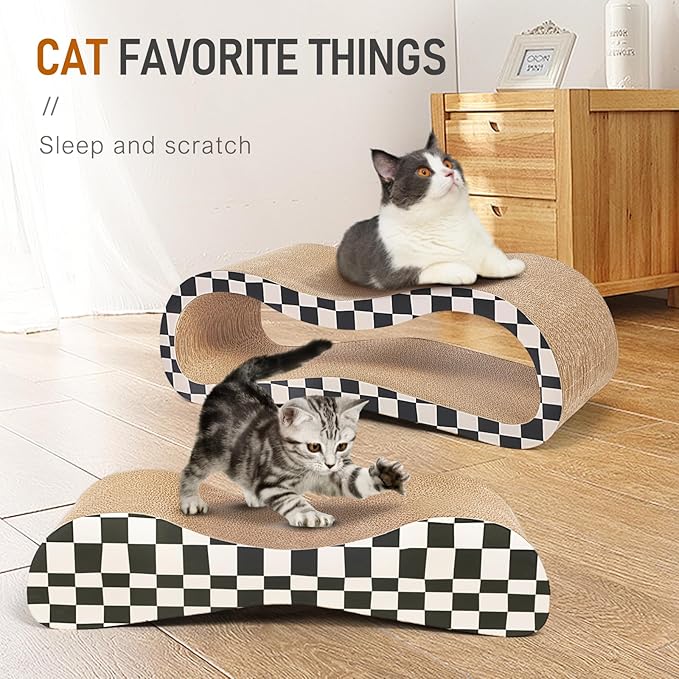 2 in 1 Cat Scratcher Cardboard Lounge Bed, Cat Scratching Post, Durable Board Pads Prevents Furniture Damage,Large,Checkerboard-PurrikoPets