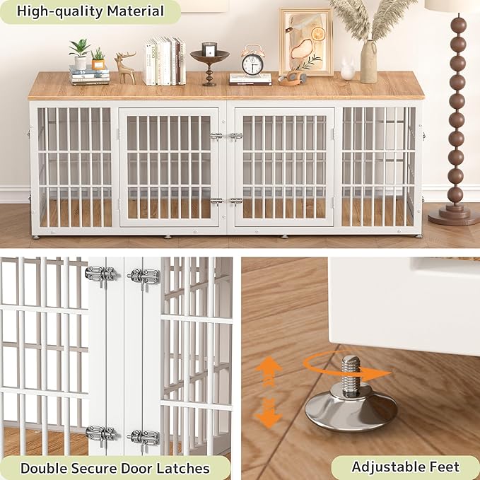 78 Inch Double Dog Crate Furniture, Heavy Duty Extra Large Cage Furniture with Divider for 2 Dogs, Decorative Wooden Kennel Furniture Indoor, Pet House for Large and Medium Dogs, White-PurrikoPets