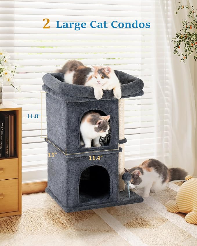 24in Cat Tree Tower with Scratching Post, 19 * 16.5in Window Perch for Large Cats, 2 Cat Condo Cubbies for Indoor Kittens, Dark Gray-PurrikoPets