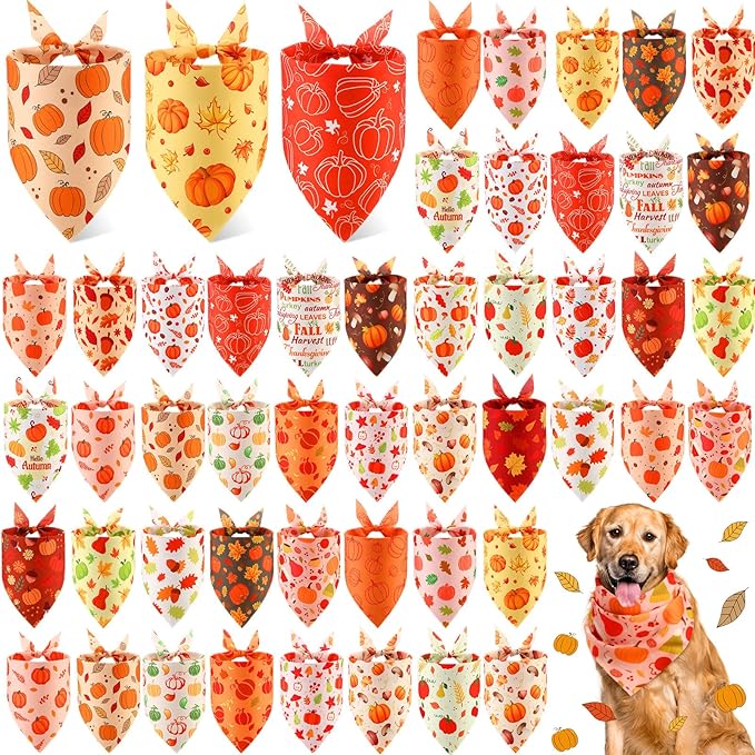 Abbylike 50 Pcs Fall Dog Bandanas Bulk Pumpkin Bandanas for Dogs Triangle Kerchief Bibs Scarf for Small Medium Large Pets Autumn Thanksgiving Costume Accessories, 25 Styles (31.5 x 21.7 x 21.7 Inch)-PurrikoPets