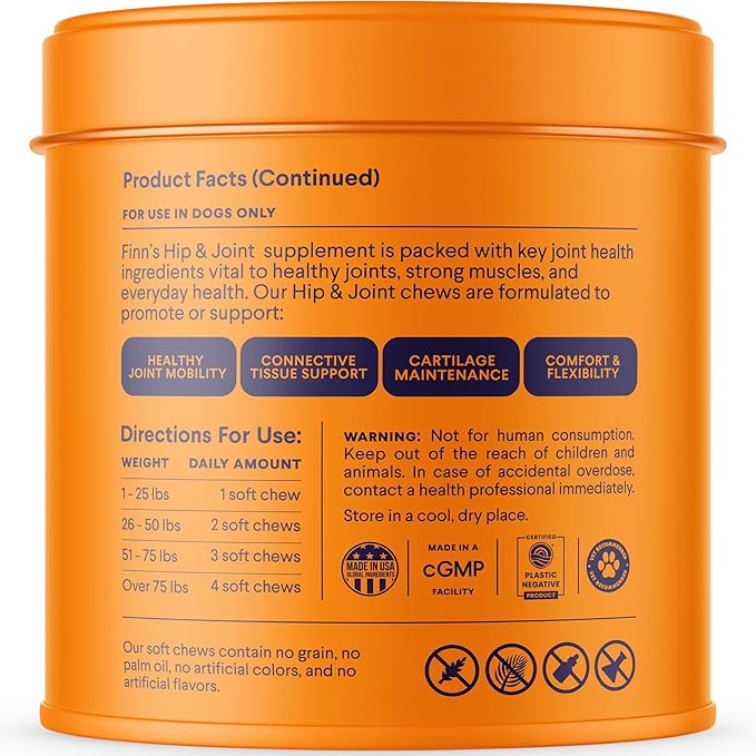 Finn Hip and Joint Supplement for Dogs | Glucosamine, Chondroitin & MSM for Joint and Mobility Support | with Turmeric, BioPerine and B-Vitamins | 90 Soft Chews-PurrikoPets