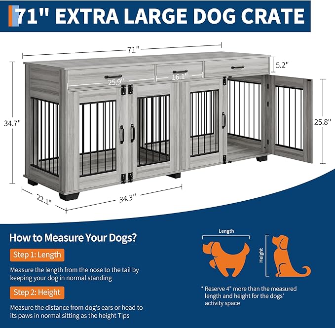 71 Inch Dog Crate Furniture for 2 Rooms, Wooden Double Crate Large Breed with Door, Dog Kennel Indoor, TV Stand End Table with Divider for Large Medium Dogs,Grey-PurrikoPets