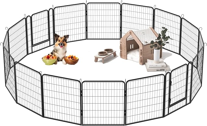 Dog Playpen, Outdoor Dog Fence, 16 Panels, 32" H Dog Pen for Medium/Small Dogs, Heavy Duty Metal Pet Fence with Gate, Portable Dog Fence for RV Camping and Yard (Black)-PurrikoPets