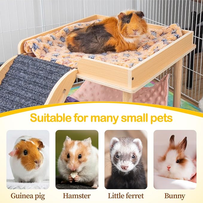 Enlarged Guinea Pig Hammock with Platform and Stairs,Wooden Small Animal Hideout for Guinea Pigs Bunny Ferret Hamster Hiding Sleeping Activities(Single)-PurrikoPets