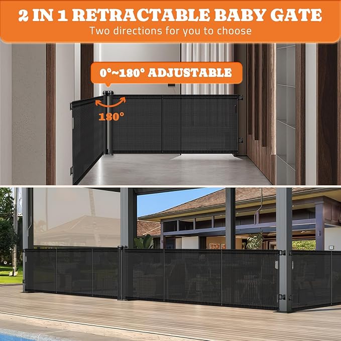 2-in-1 Retractable Baby Gates, 41" Tall Mesh Dog Gate 1-Pack, One Side Up to 200" Wide, Total 400" Wide, Long Retractable Pet Gate for Yard Swimming Pool Garage Indoor Outdoor-Black-PurrikoPets