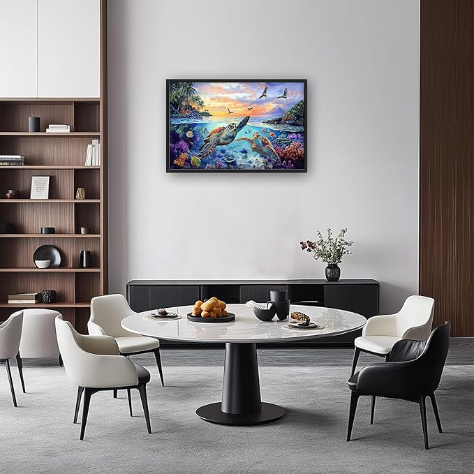 Framed Large Sea Turtle Wall Art for Living Room, Oversized Ocean Turtle Wall Decor Seascape Underwater Marine Life Canvas Painting Home Decoration for Living Room Bedroom Office 36"x24"-PurrikoPets