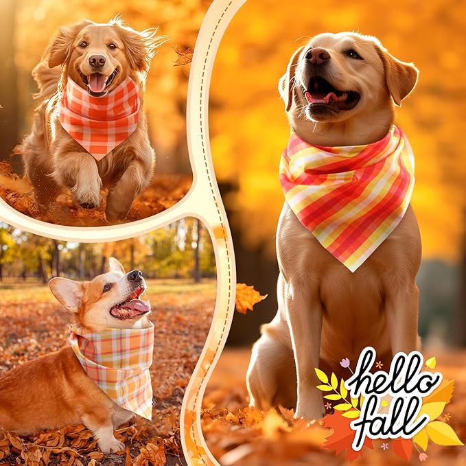 100 Pieces Fall Dog Bandanas Bulk Plaid Bandanas for Dogs Autumn Thanksgiving Soft Doggie Bibs Adjustable Triangle Scarves for Small Medium Large Pet Fall Autumn Costume-PurrikoPets