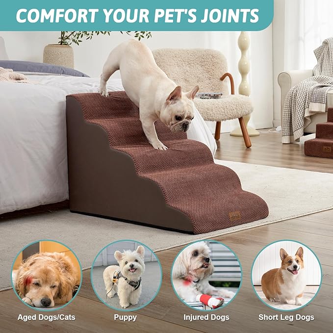 Extra Wide Dog Stairs 19.7" Width, Large Pet Step for Small Medium Dog, Puppy or Cat, Ramp for High Bed or Car, High Density Foam Ladder, Stable, 5 Step, 19.7x33x22.4 inch, Brown-PurrikoPets