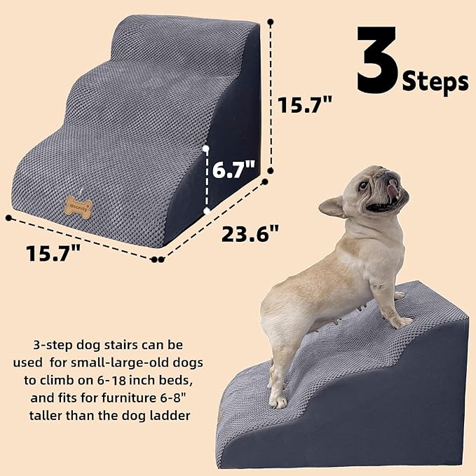 Dog Stairs to high beds, 3-step dog stairs for dogs to get on bed couch high 16"-20 inch, dog pet stairs for small large dogs cats climbing to bed, Non-Slip balanced doggy Grey (23.7*15.8*15.8 IN 33D)-PurrikoPets
