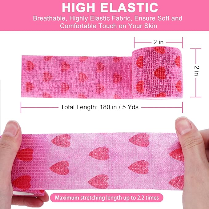 24 Pack Self Adhesive Vet Wrap & Medical Tape, 2 Inch x 5 Yards Cohesive Bandage Wrap - Pink Heart Grip Tape for Ankle, Wrist Sprains, Sports, Pet First Aid-PurrikoPets