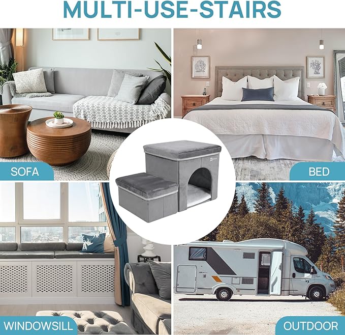 Foldable Pet Stairs for Beds & Sofas - Non-Slip Dog Steps with Storage for Small to Medium Dogs & Cats, Supports up to 120 lbs - Durable 2 & 3-Step Doggie Ladder for Easy Access-PurrikoPets