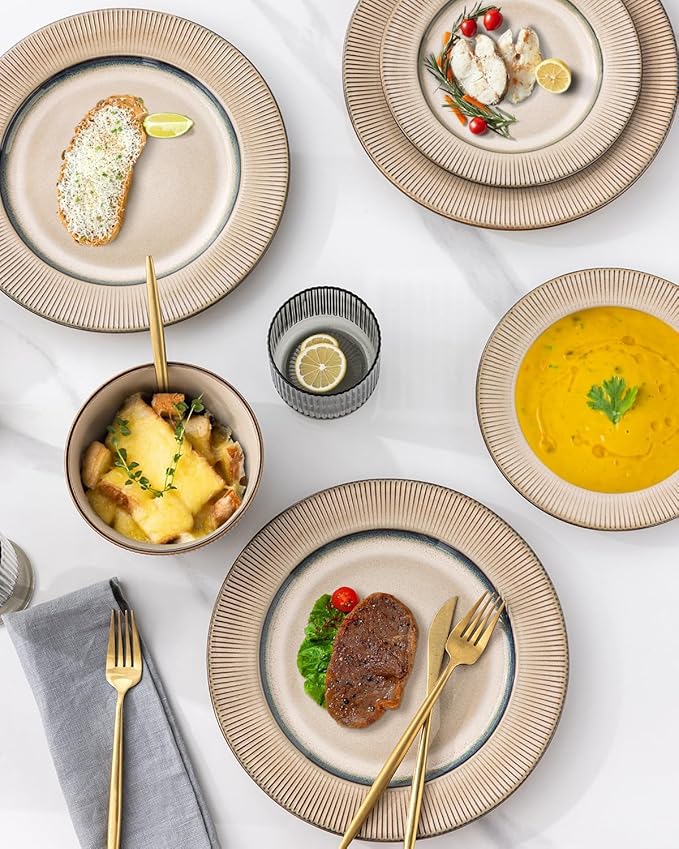 GBHOME Ceramic Dinnerware Sets, 18 Piece Embossed Elegant Stoneware Plates and Bowls Sets, Housewarming Wedding Gift | Dishwasher & Microwave Safe | Dishes Set Service for 8-PurrikoPets